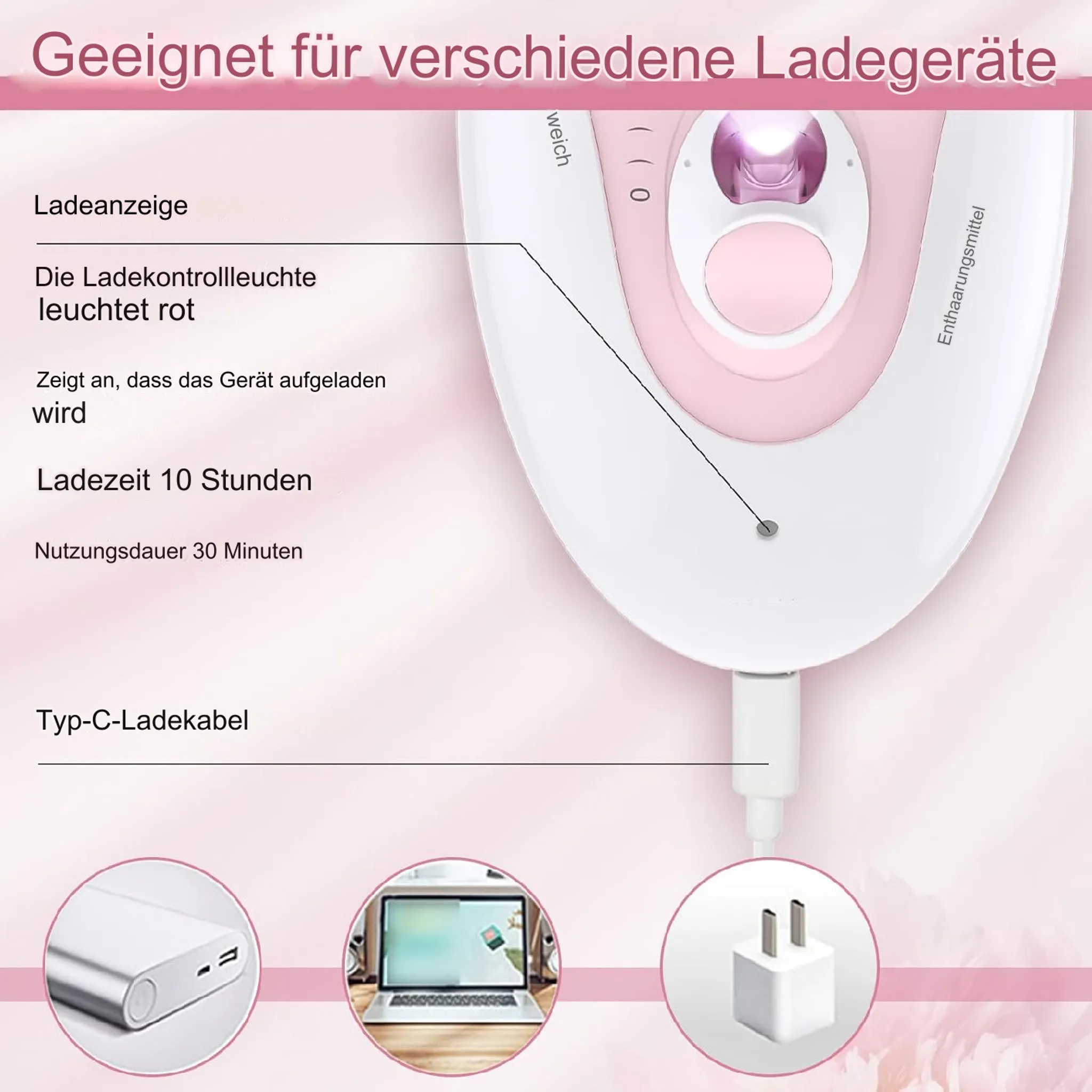 Ein pinkes und weißes Epiliergerät mit Ladeanzeige und Ladekabel.