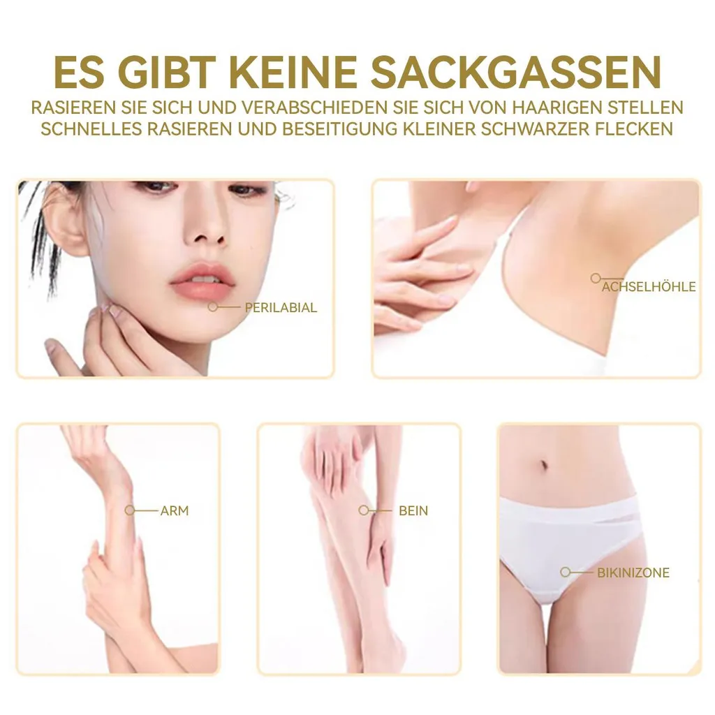 Hautbilder zeigen Gesichts-, Achsel-, Arm-, Bein- und Bikini-Bereiche.
