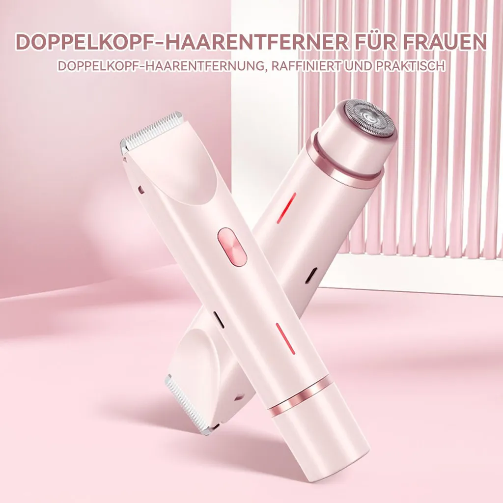 Zwei rosafarbene Haarentferner mit silbernen Klingen und Knöpfen auf rosa Hintergrund.
