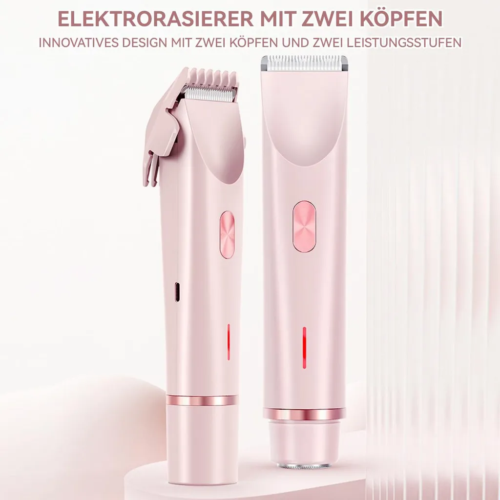 Zwei rosafarbene Haarschneider mit Metallringen und roten Lichtern.