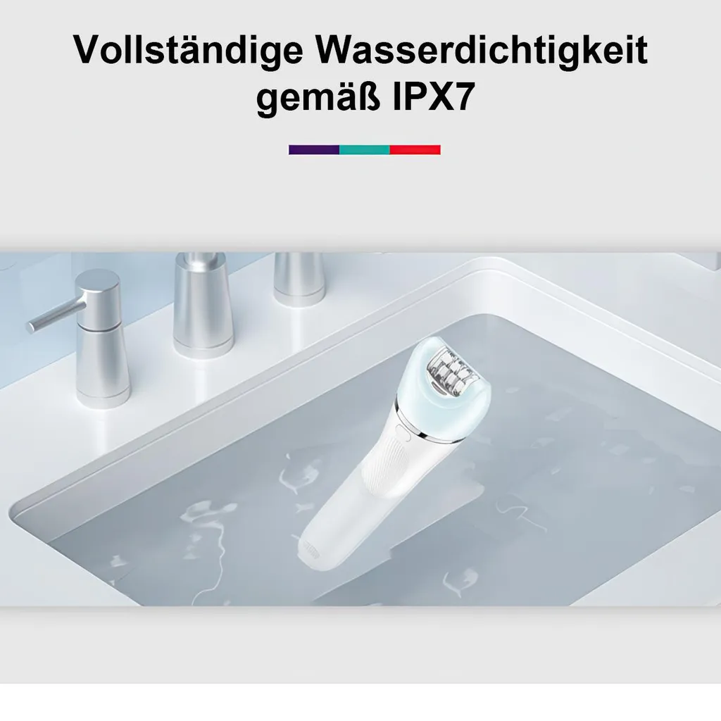 Ein weißer Epilierer liegt in einem Waschbecken mit Wasser, um seine Wasserdichtigkeit zu demonstrieren.