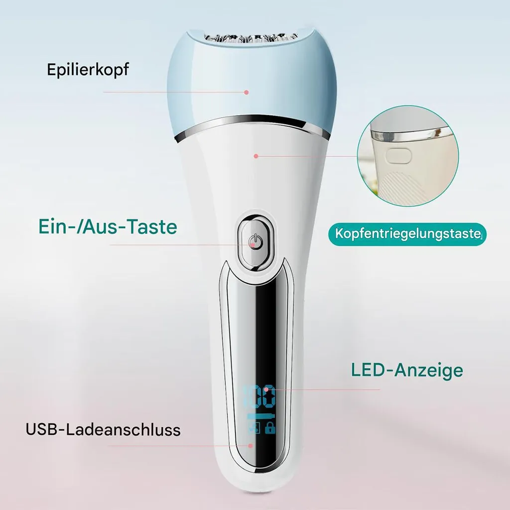 Ein weißer und hellblauer Epilierer mit LED-Anzeige und USB-Anschluss.