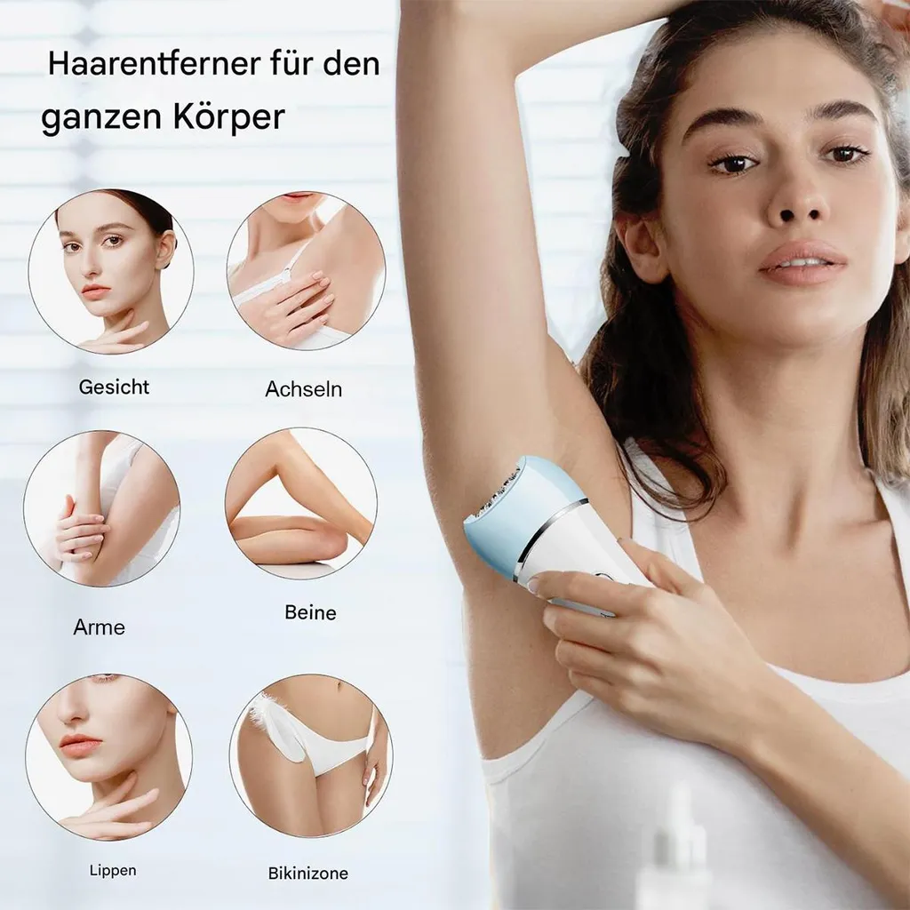 Frau epiliert Achseln mit Gerät, daneben Bilder von Gesicht, Lippen, Armen, Beinen, Bikinizone.