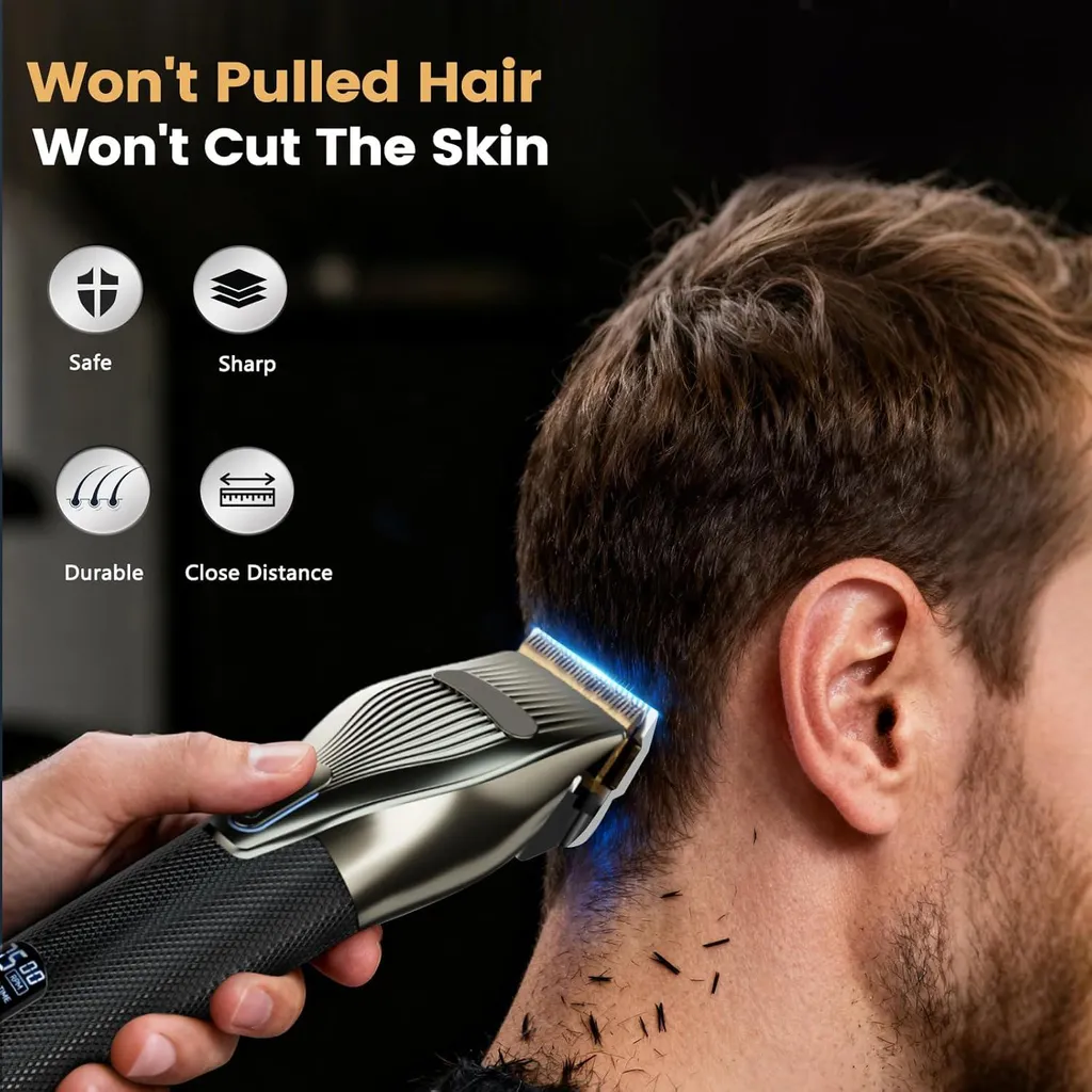 Ein Mann wird mit einem Haarschneider am Nacken rasiert. Symbole für Sicherheit, Schärfe, Haltbarkeit, Nähe.