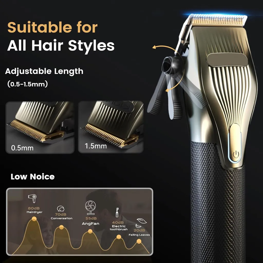 Goldener Haarschneider mit einstellbarer Länge von 0,5-1,5mm und Lautstärkenvergleich.