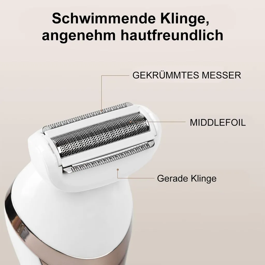 Nahaufnahme eines weißen Elektrorasierers mit Fokus auf den Scherkopf mit Folie.