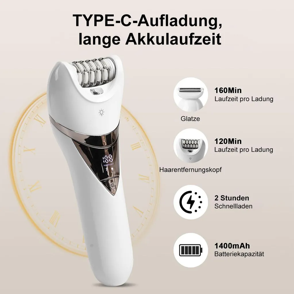 Ein weißer Epilierer mit digitaler Anzeige, Ladeanzeige und Zubehör.
