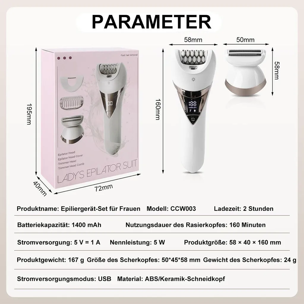 Ein weißes Epiliergerät-Set mit Zubehör und Größenangaben.