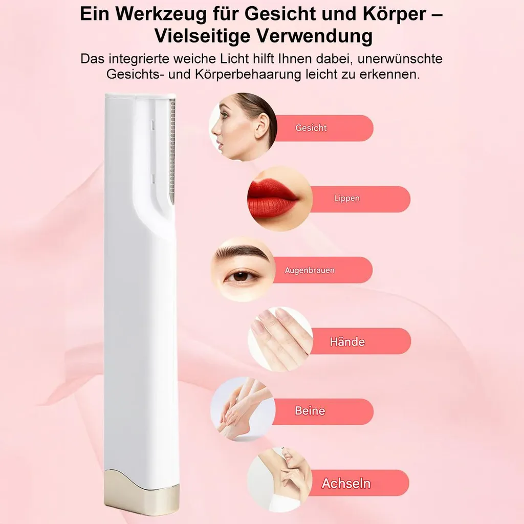 Ein Werkzeug für Gesicht und Körper mit integriertem Licht zur Erkennung von Haaren.
