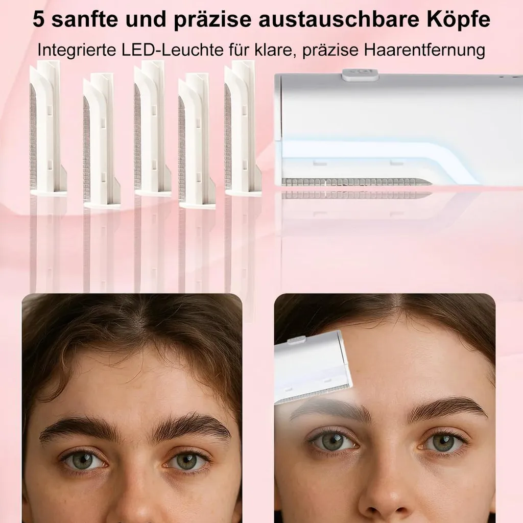 Fünf austauschbare Köpfe und ein Gerät mit LED-Licht zur Haarentfernung.