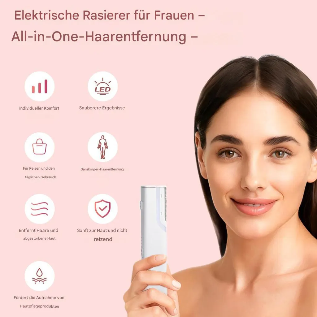Frau hält elektrischen Rasierer, mit Icons für Komfort, Reise, Hautentfernung, und Hautpflege.