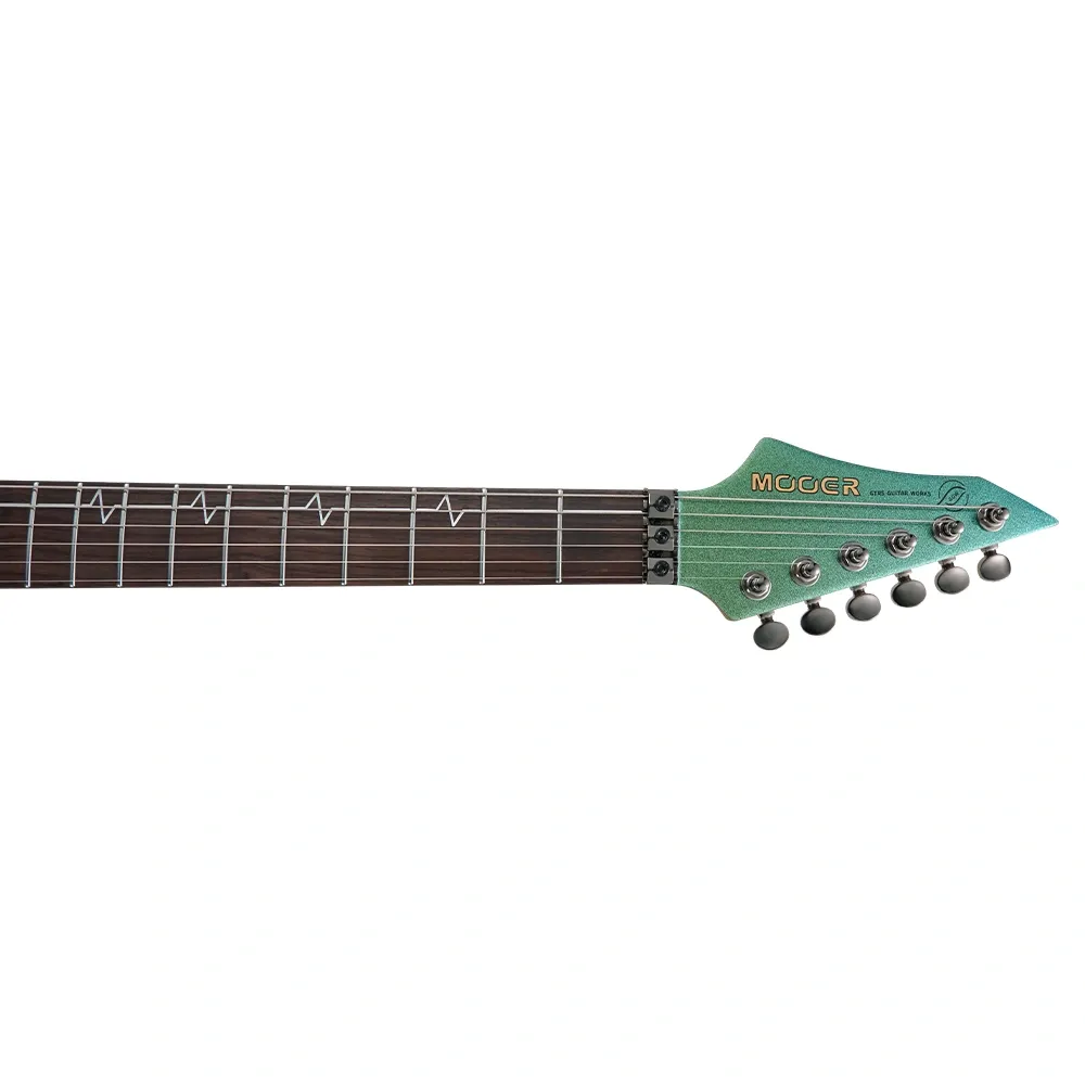 Altı burgulu, koyu klavyeli yeşil elektrik gitarı başlığı.
