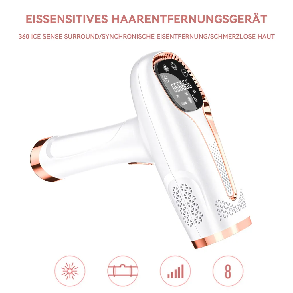 Ein weißes Haarentfernungsgerät mit roségoldenen Akzenten und einem digitalen Display.
