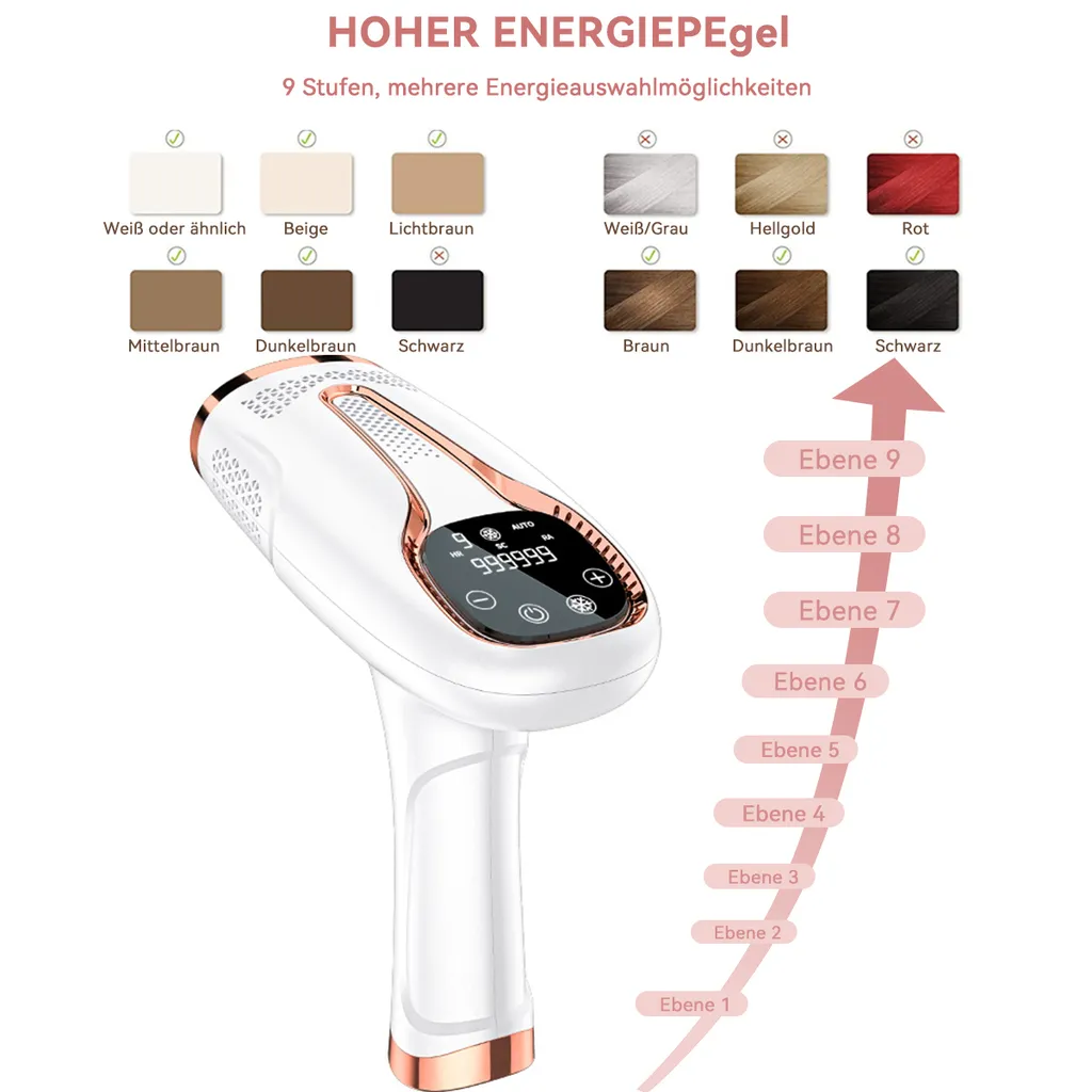 Ein weißer Epilierer mit roségoldenen Akzenten und einem digitalen Display. Daneben sind verschiedene Hauttöne und Haarfarben aufgeführt.