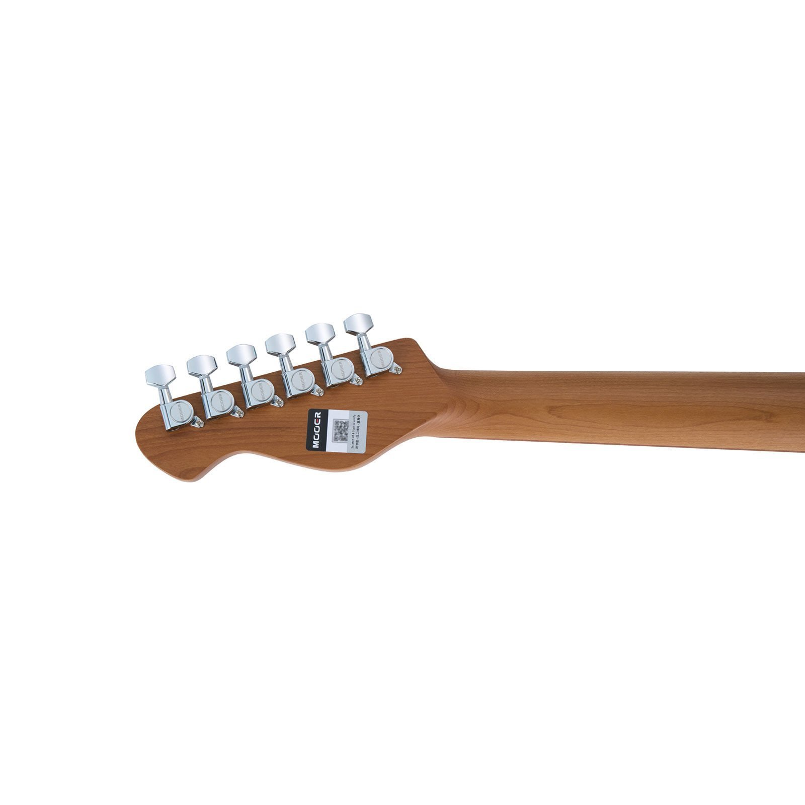 Marka logosu ve altı gümüş akort burgusu olan ahşap gitar sapının yakın çekimi.