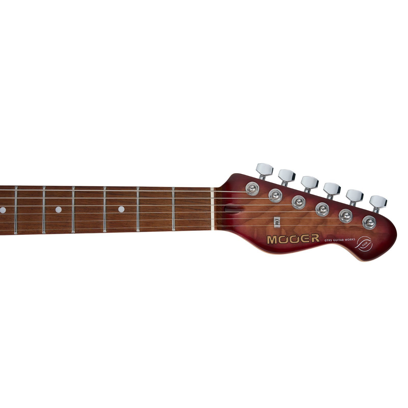 Altı akort burgusu ve telli elektro gitar başlığı. Koyu ahşap klavye.