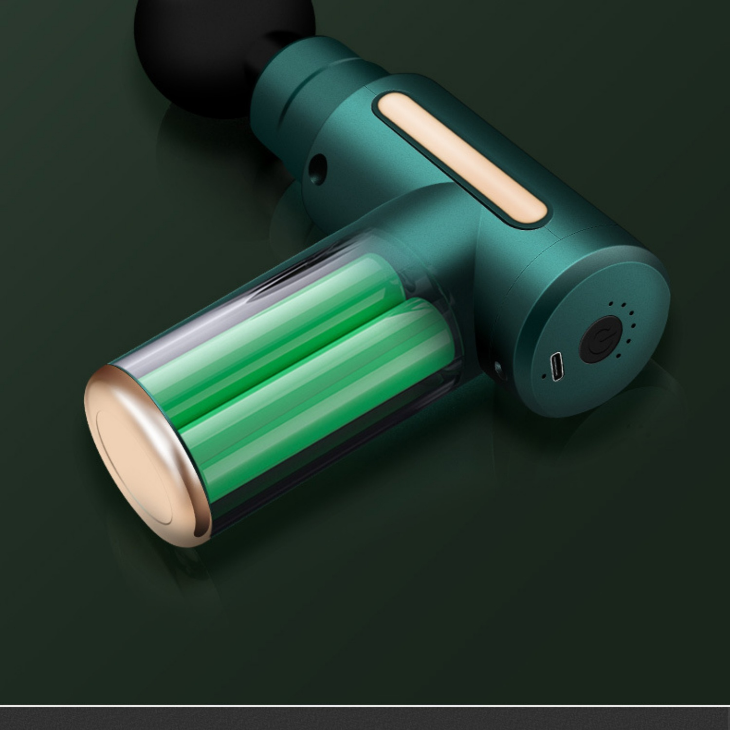 Eine grüne Massagepistole mit sichtbaren grünen Batterien und goldenen Akzenten.