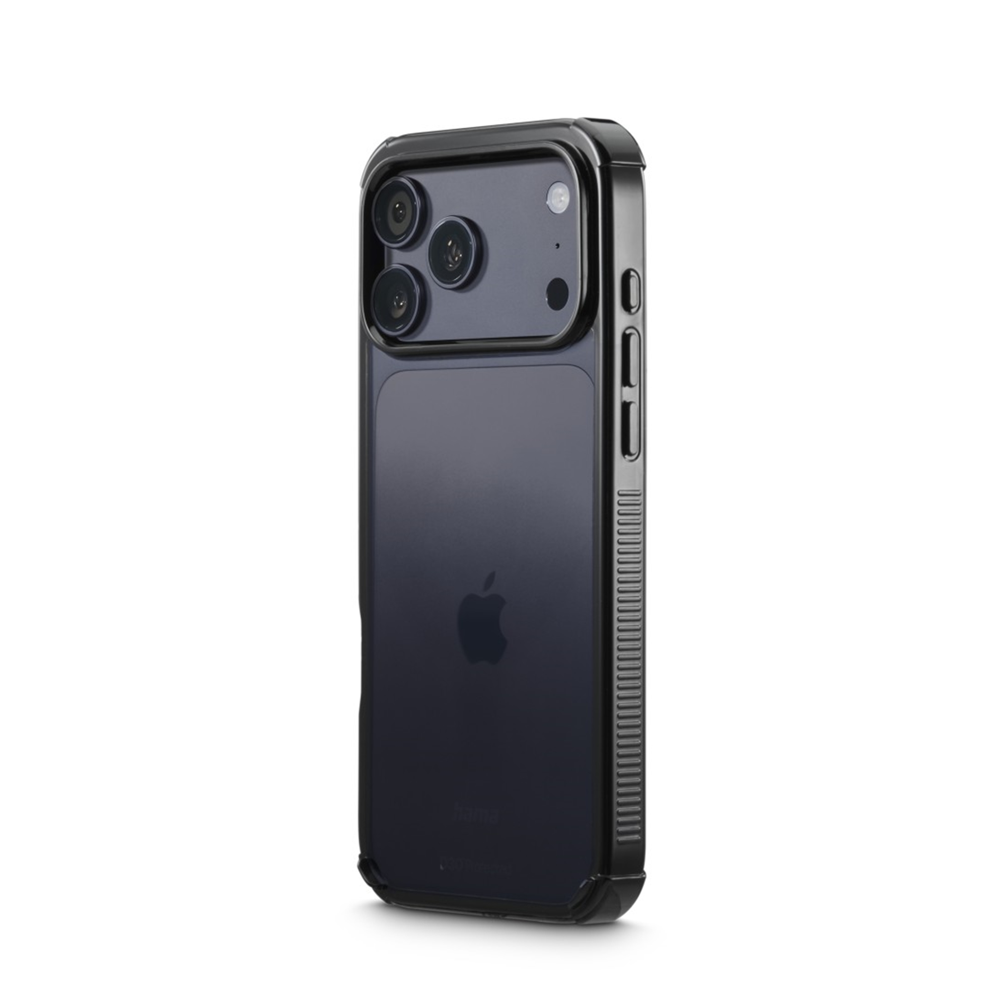 Schwarze Handyhülle mit dreifacher Kamera und Apple-Logo auf der Rückseite.
