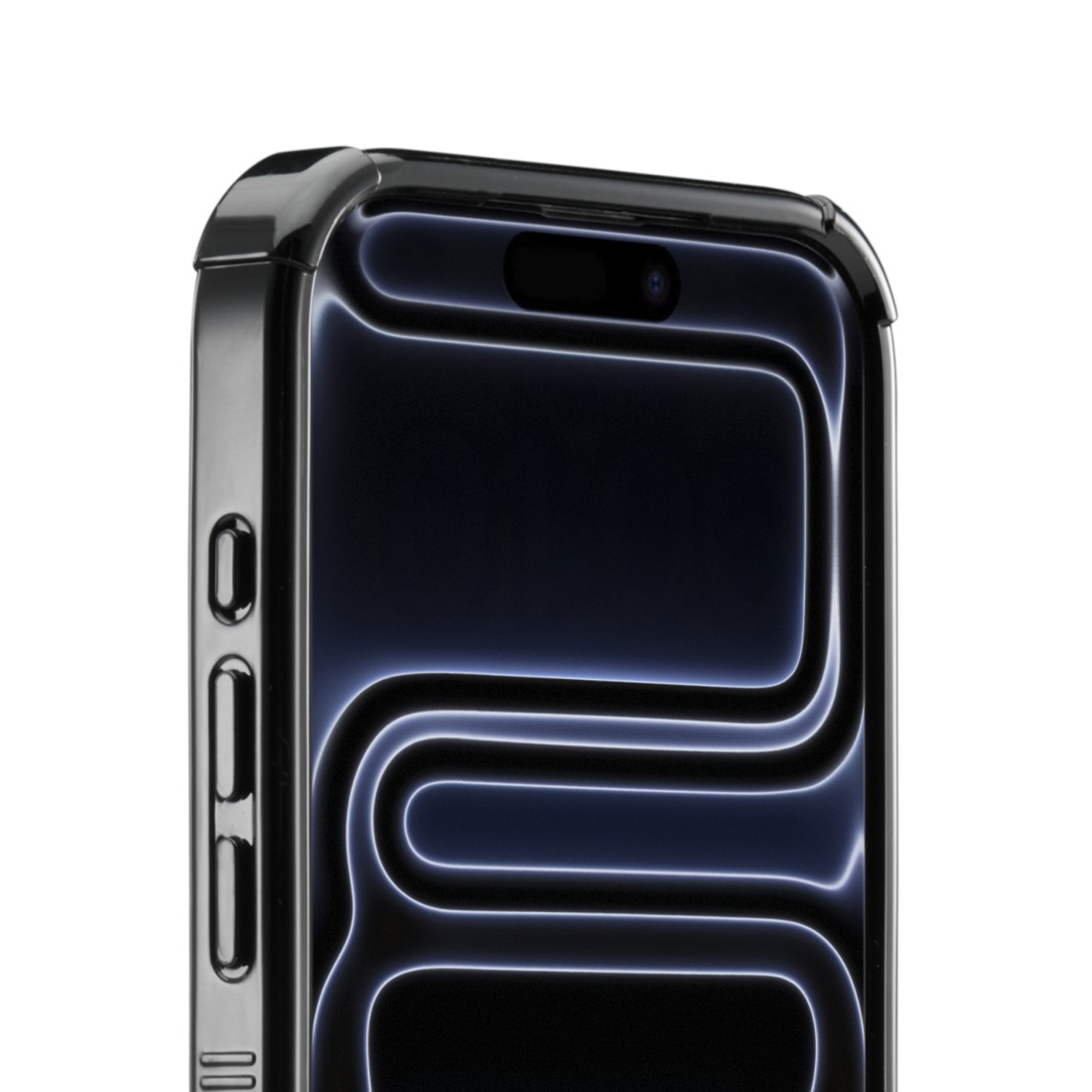 Nahaufnahme eines dunklen Smartphones mit leuchtenden blauen Linien auf dem Bildschirm.
