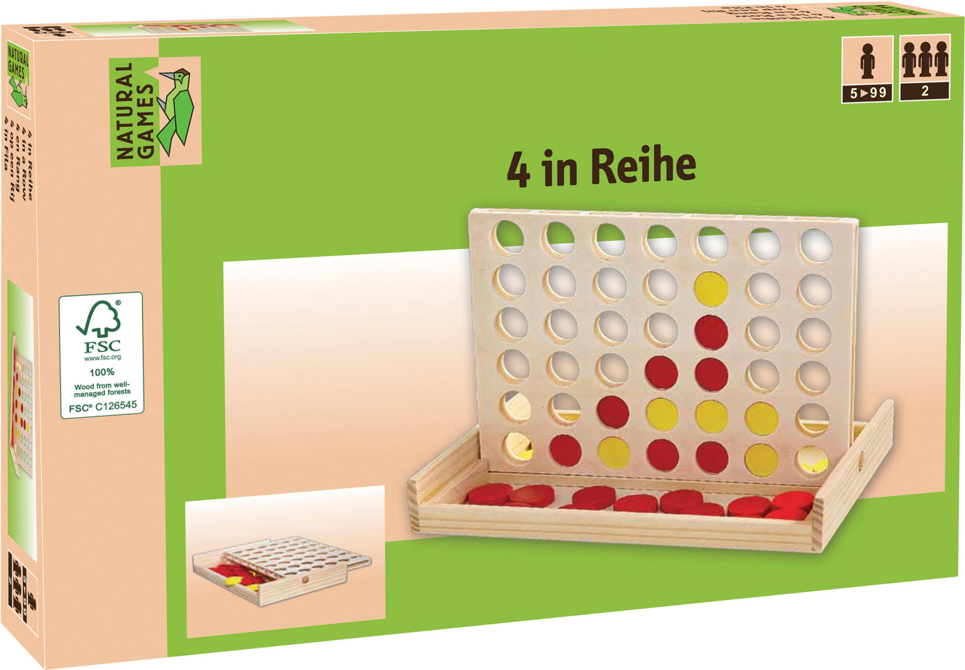 Verpackung für ein Holzspiel '4 in Reihe' mit roten und gelben Spielsteinen.