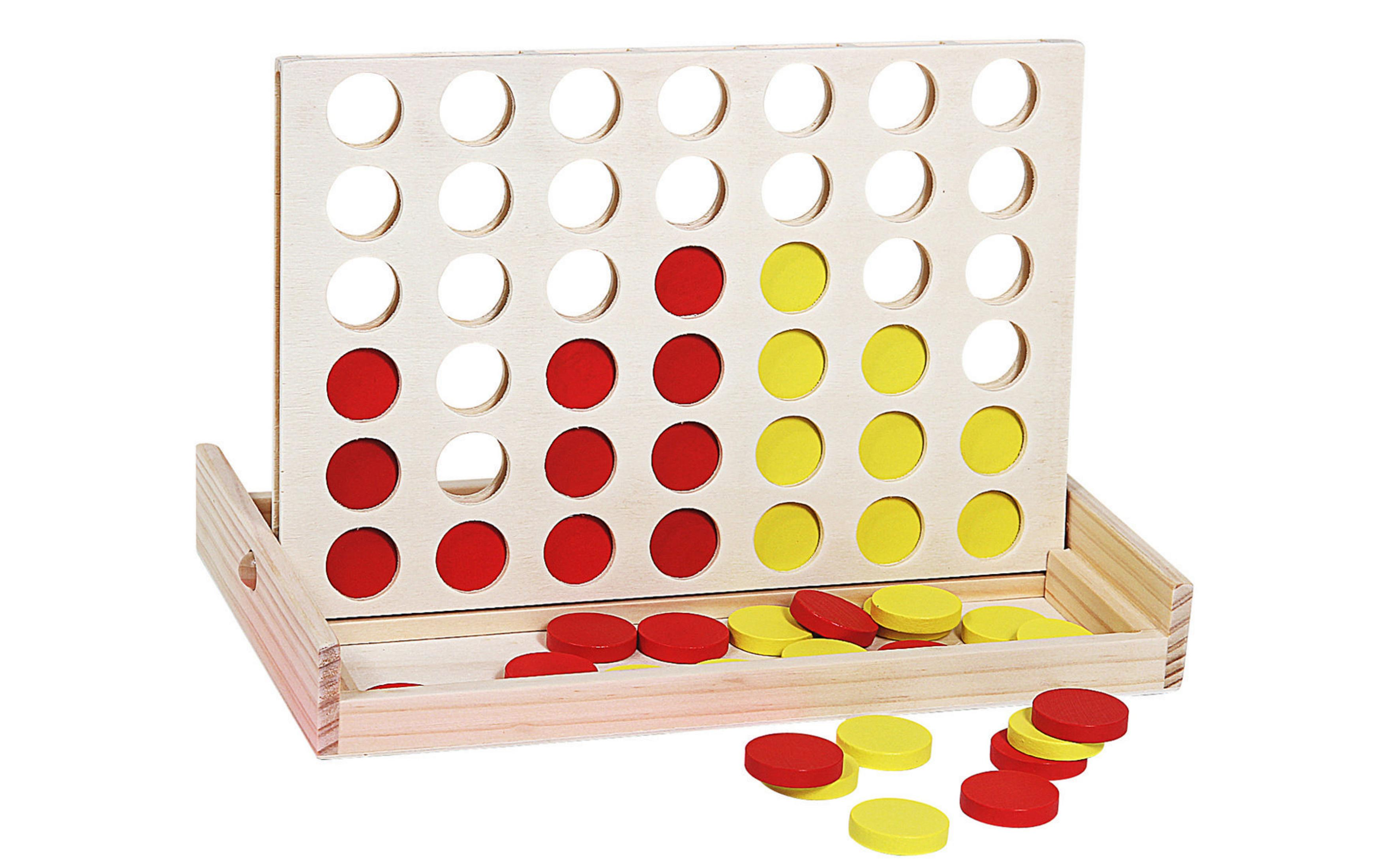 Ein Holzspiel mit roten und gelben Scheiben, die in ein Gitter gesteckt werden.