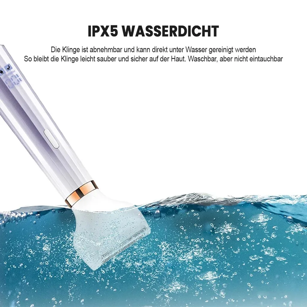 Ein weißes Gerät mit Klinge taucht in blaues Wasser. IPX5 Wasserdicht.