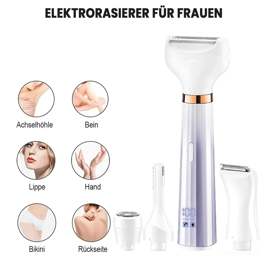 Elektrischer Damenrasierer mit Zubehör und Anwendungsbeispielen: Achselhöhle, Bein, Lippe, Hand, Bikini, Rücken.