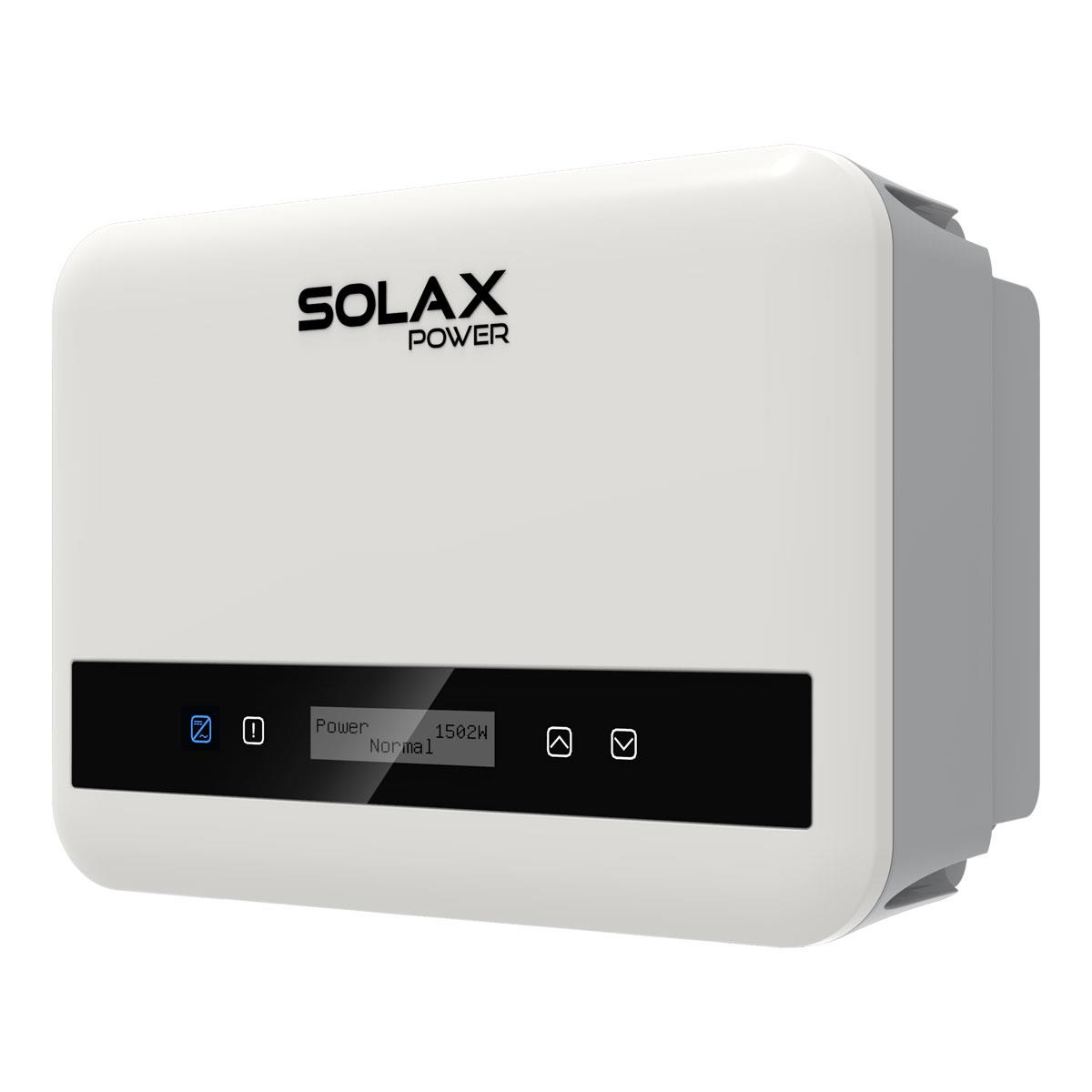 Weißer Solax Power Wechselrichter mit schwarzem Display, das 'Power 1502W Normal' anzeigt.