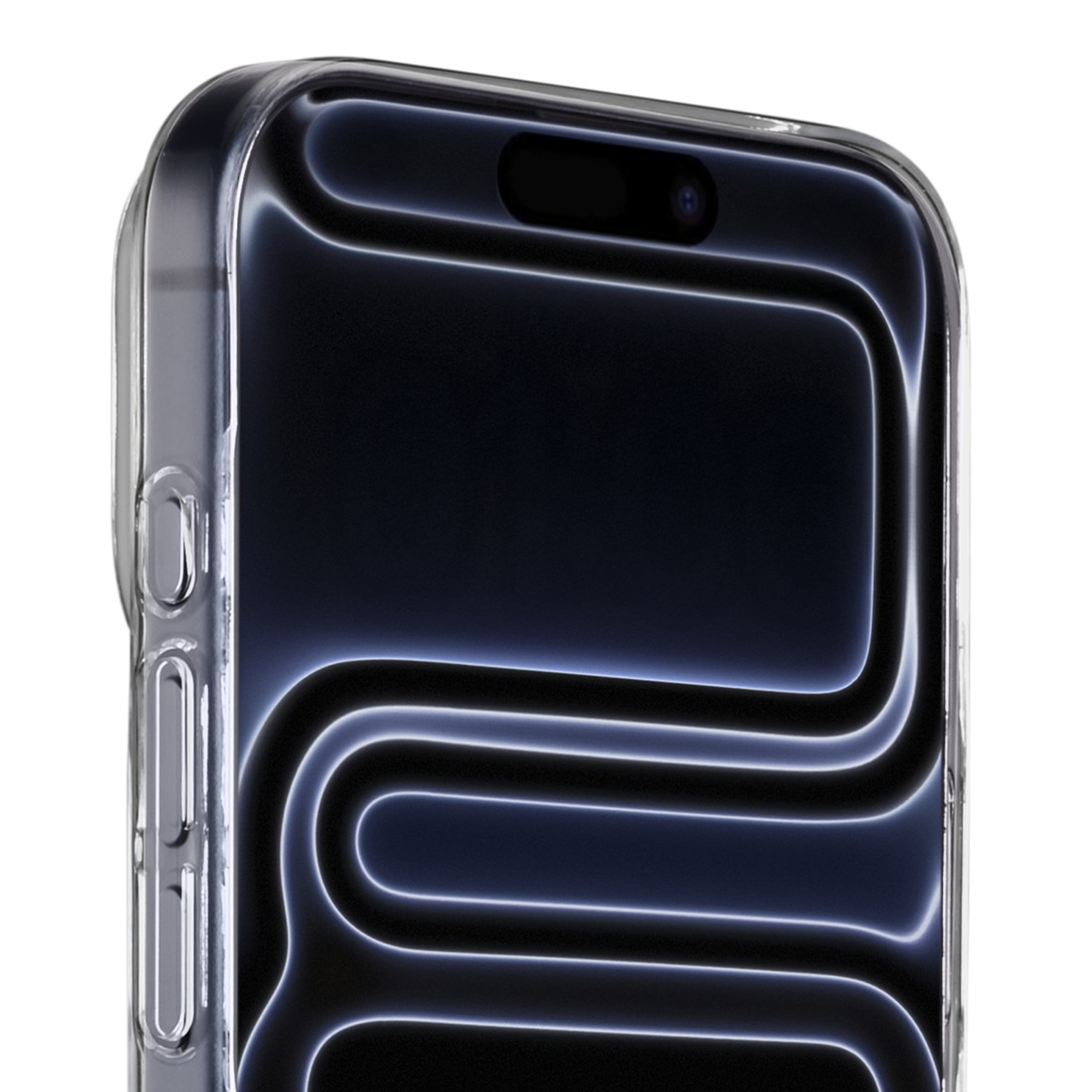 Ein Smartphone mit einem transparenten Gehäuse und blauen Neonlinien auf dem Bildschirm.