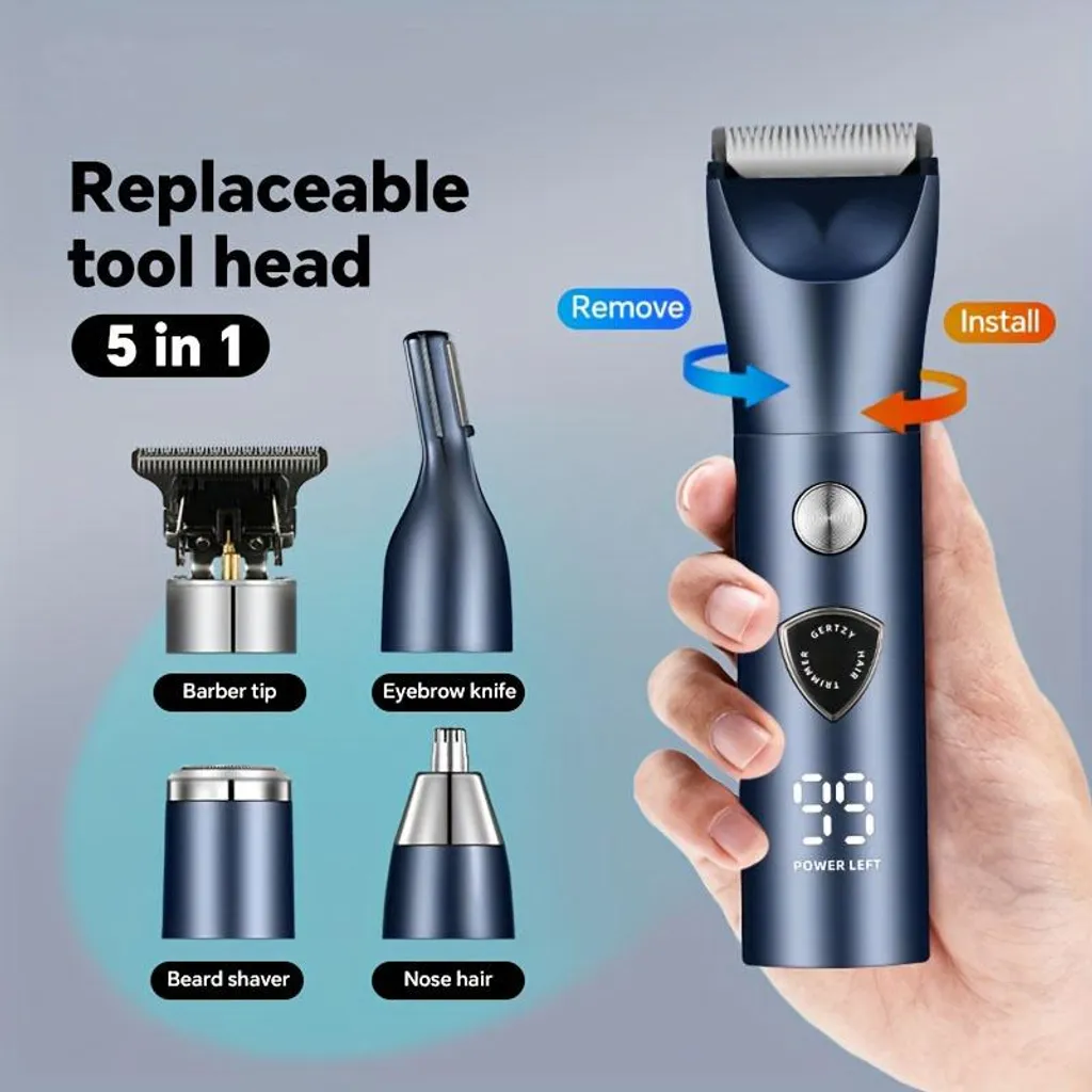 Ein blauer 5-in-1-Trimmer mit austauschbaren Aufsätzen: Barber, Augenbrauen, Bart, Nase.