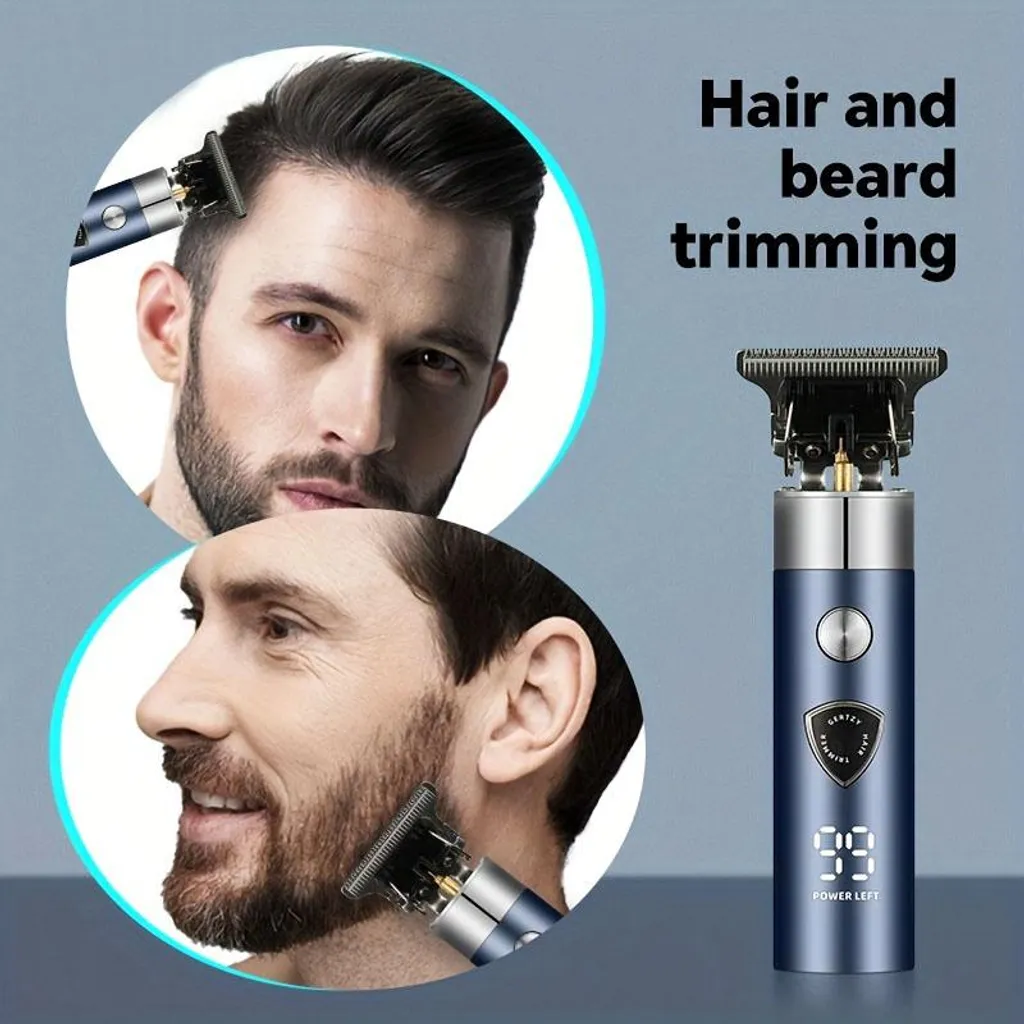 Haar- und Barttrimmer: Mann trimmt Haare und Bart mit blauem Trimmer.