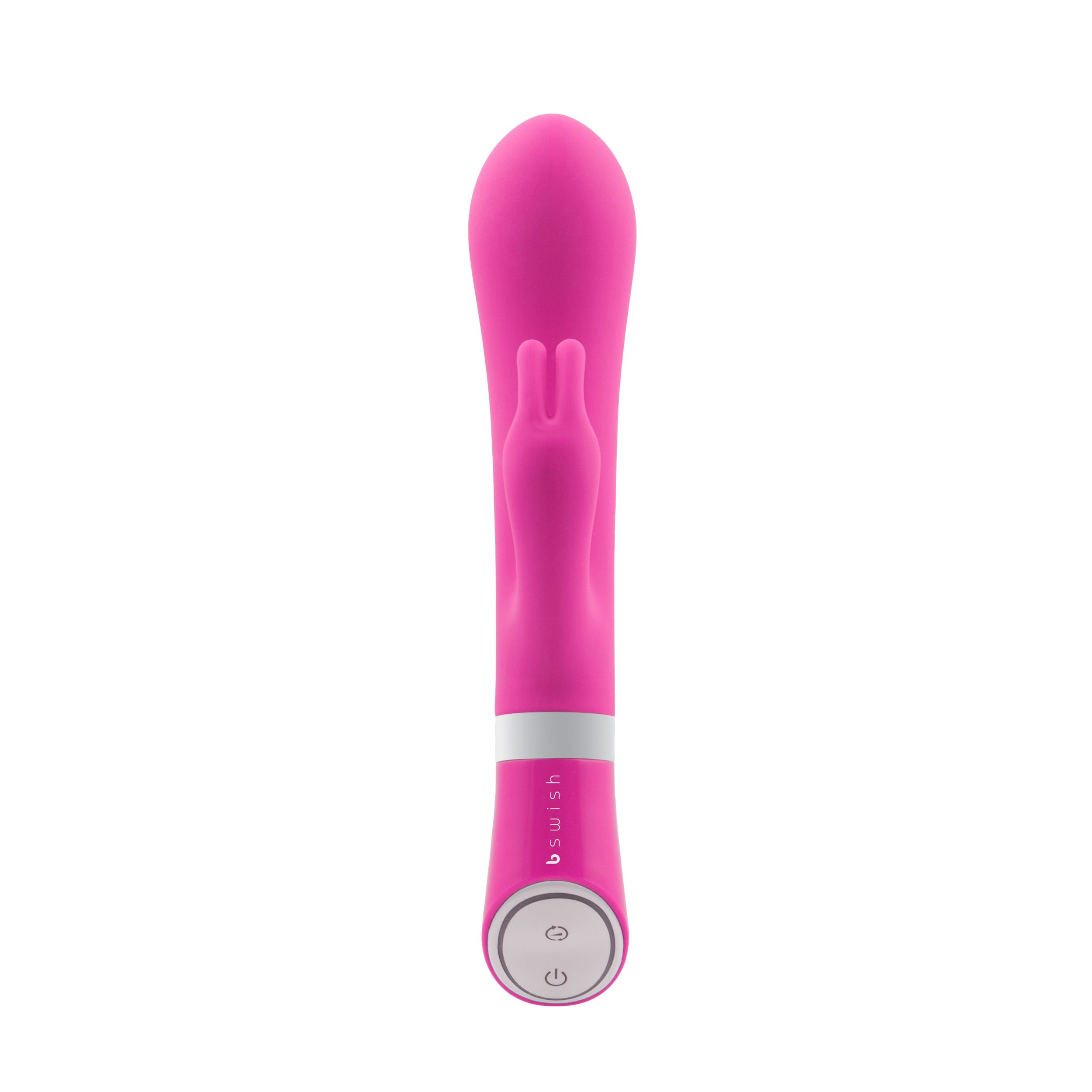 Ein pinker Vibrator mit zwei Knöpfen und einem silbernen Band.