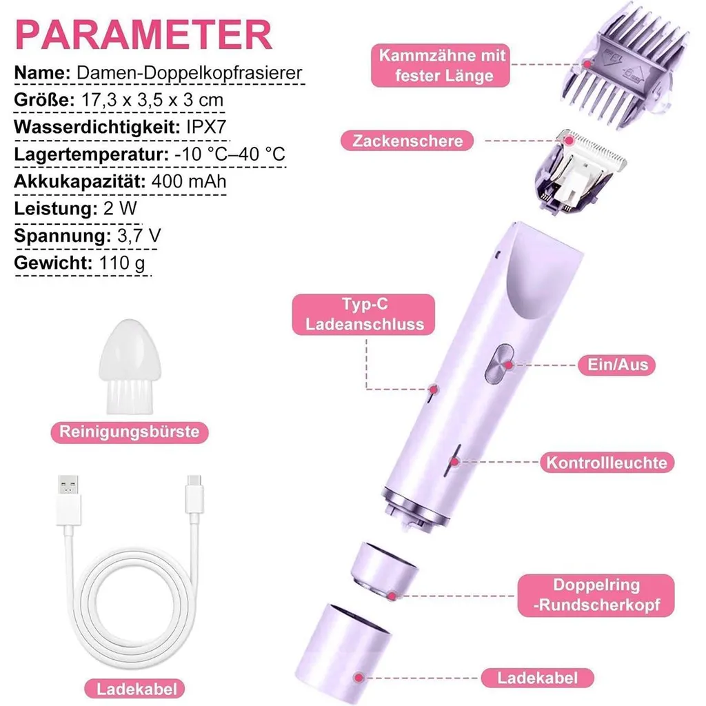 Parameterliste eines Damen-Rasierers mit Ladekabel, Bürste und Zubehör.