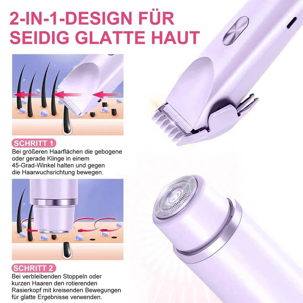 Zwei-in-Eins-Design für seidig glatte Haut mit Trimmer und Rasierkopf.