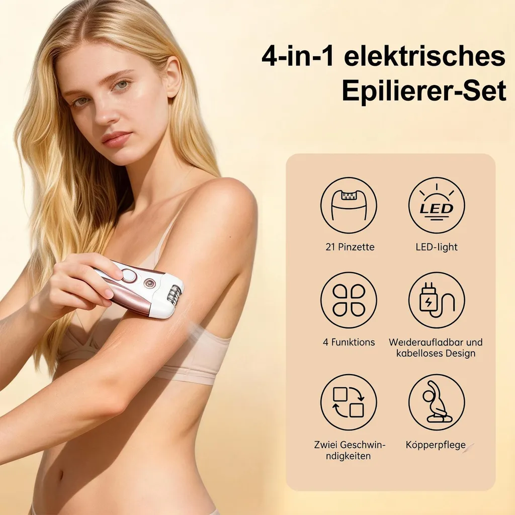 Frau epiliert ihren Arm mit einem elektrischen 4-in-1 Epilierer-Set.