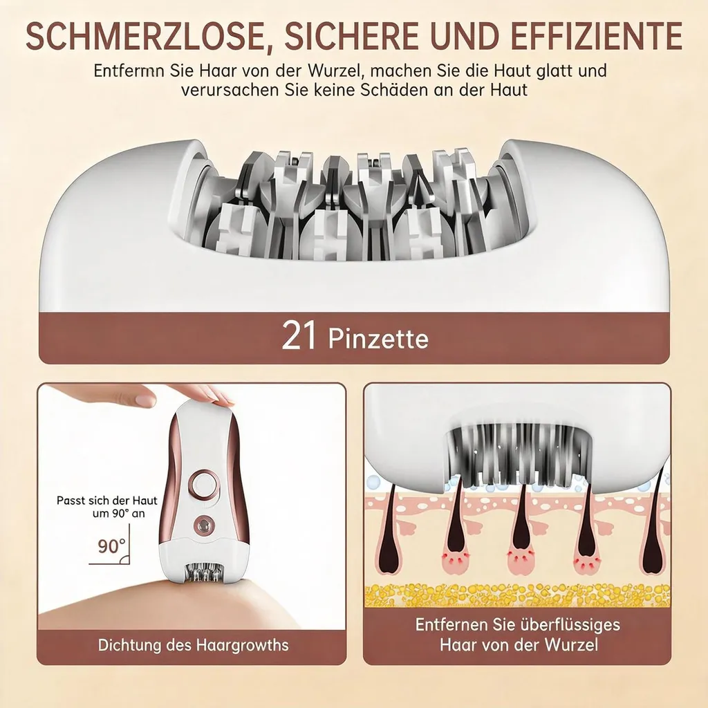Epilierer mit 21 Pinzetten zeigt Hautanpassung und Haarwurzelentfernung.