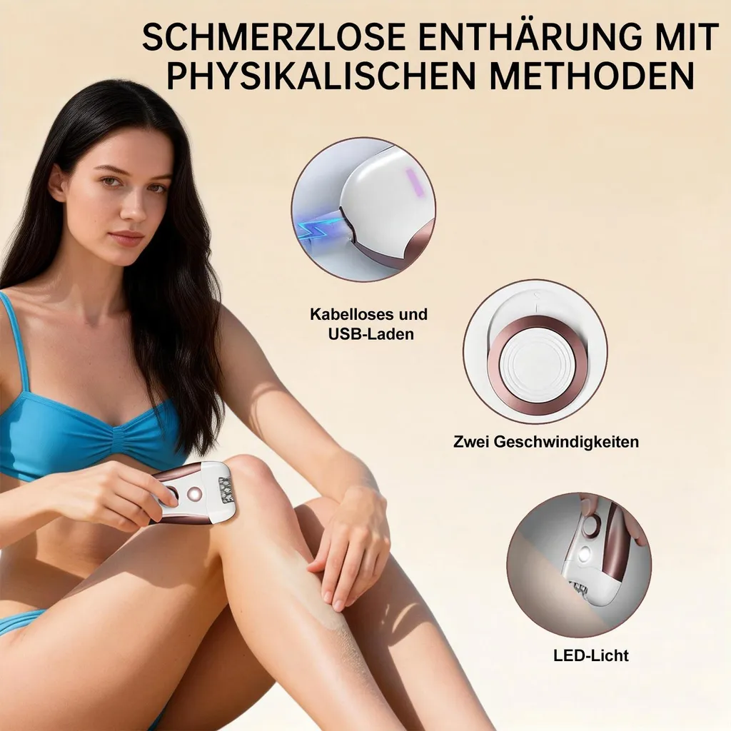 Frau benutzt Epilierer an ihrem Bein; Nahaufnahme des Geräts mit Lade-, Geschwindigkeits- und Lichtanzeigen.