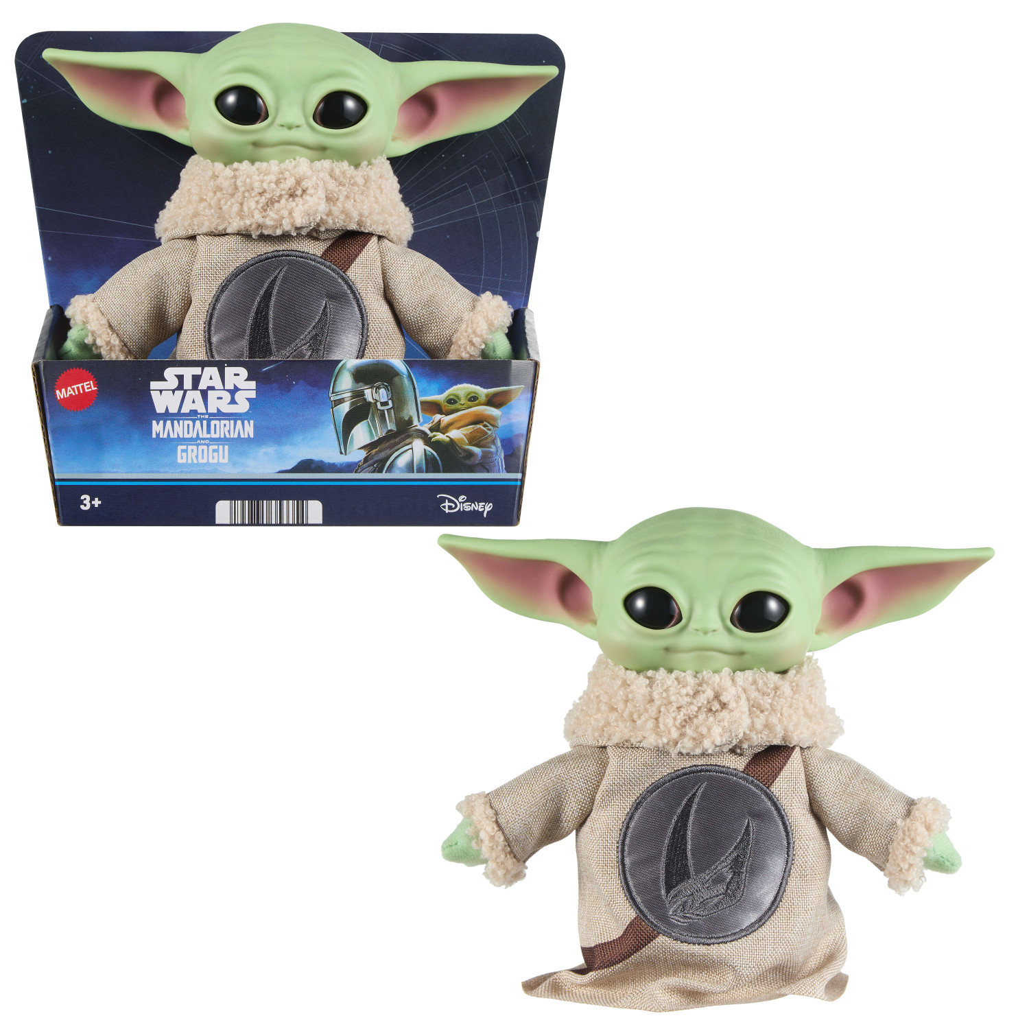 Grogu-Spielzeug in und aus Verpackung. Grüne Figur mit großen Ohren und Robe.