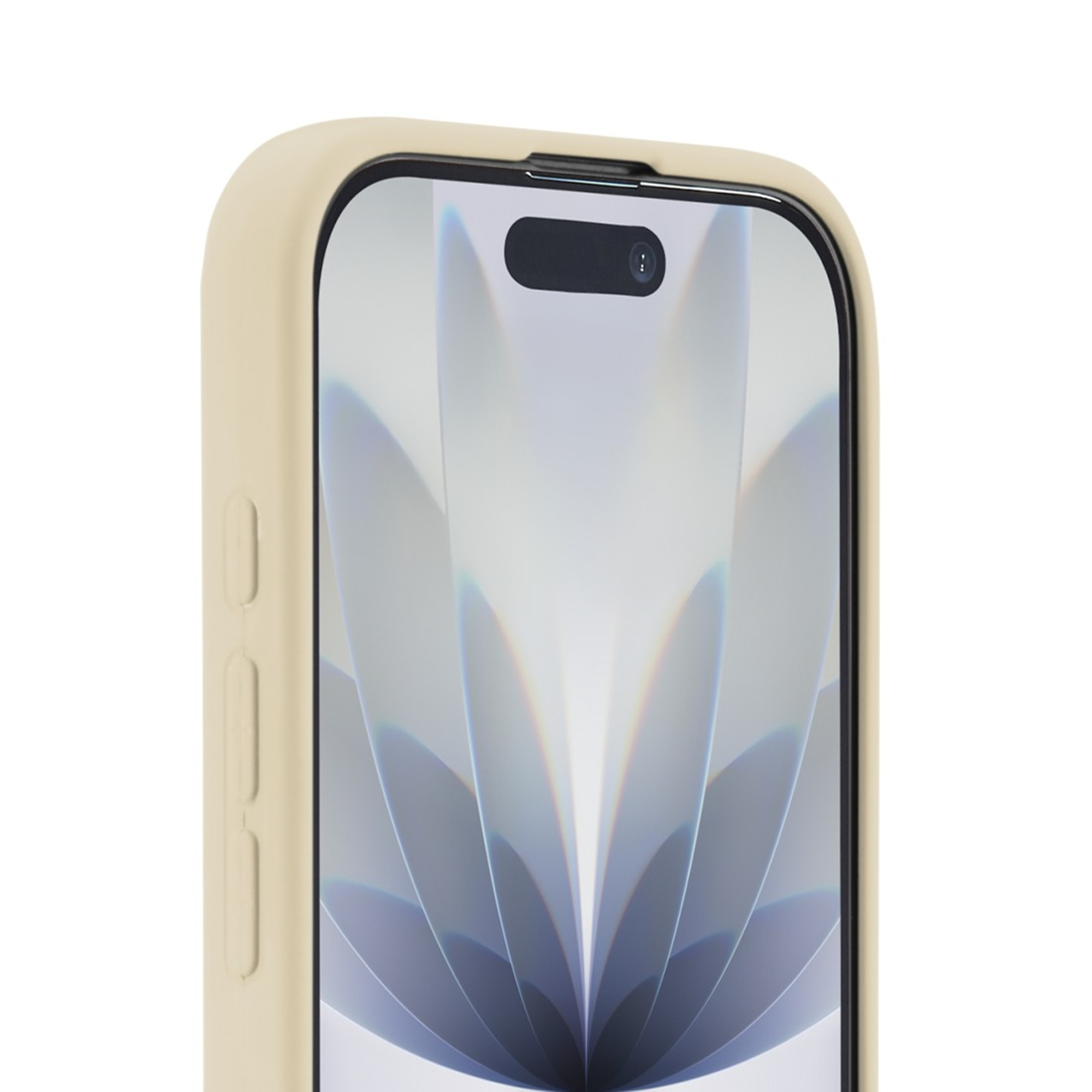 Ein beige Handyhülle mit einem Teil des Bildschirms.