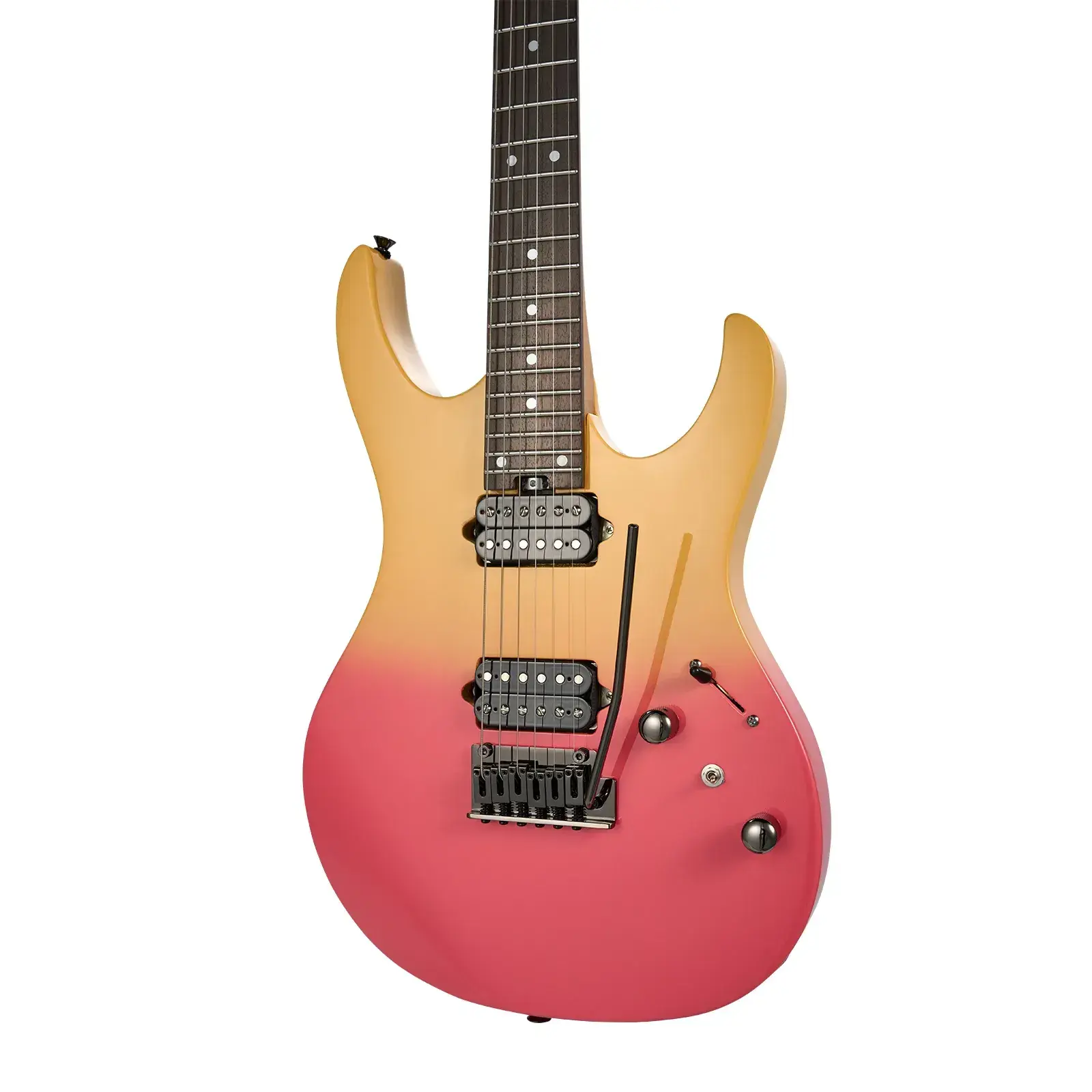 Sarıdan pembeye geçişli, siyah manyetiklere ve donanıma sahip bir elektro gitar.