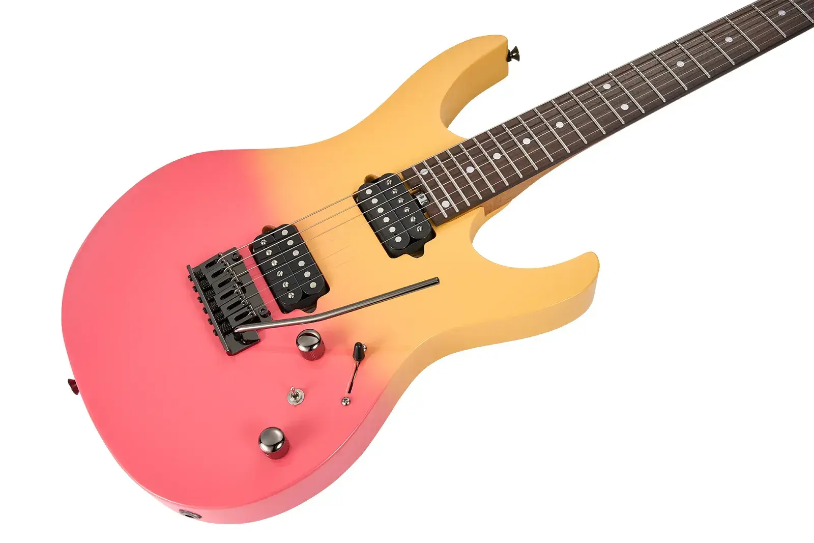 Pembeden sarıya doğru renk geçişli bir elektro gitar.