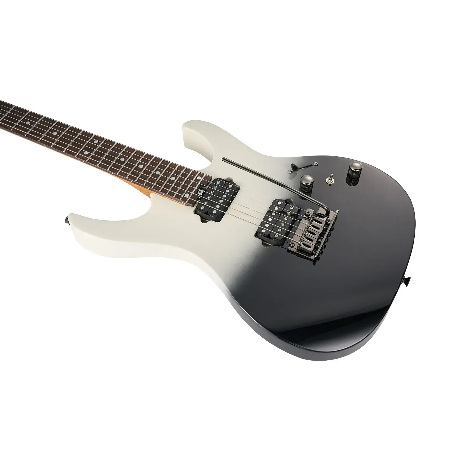 Beyazdan siyaha gradyan kaplamalı, krom donanımlı, koyu klavyeli bir elektro gitar.