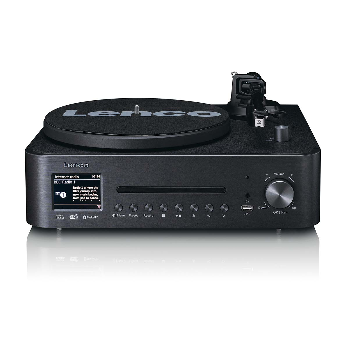 Ein schwarzer Lenco Plattenspieler mit CD-Player und Display.