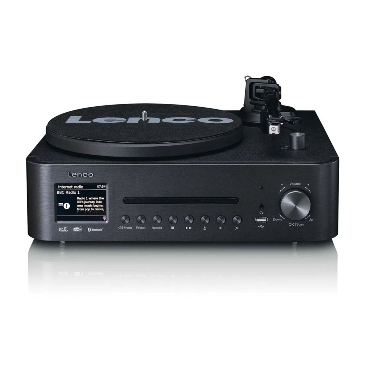 Schwarzer Lenco Plattenspieler mit CD-Schlitz und LC-Display, das Internetradio anzeigt.