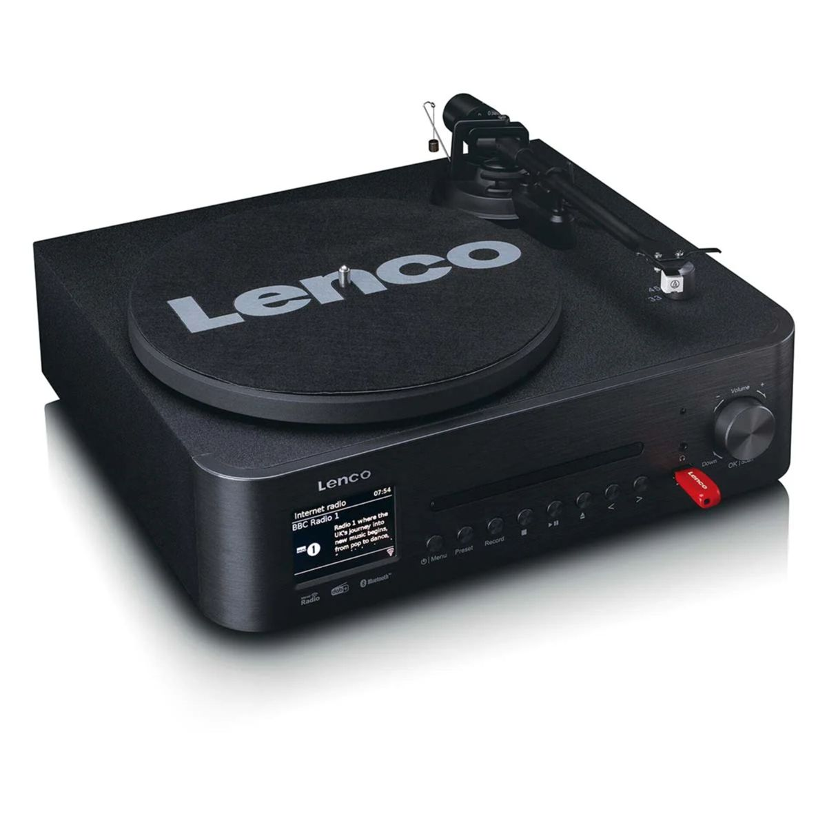 Schwarzer Plattenspieler mit Lenco-Logo, Tonarm und Display.