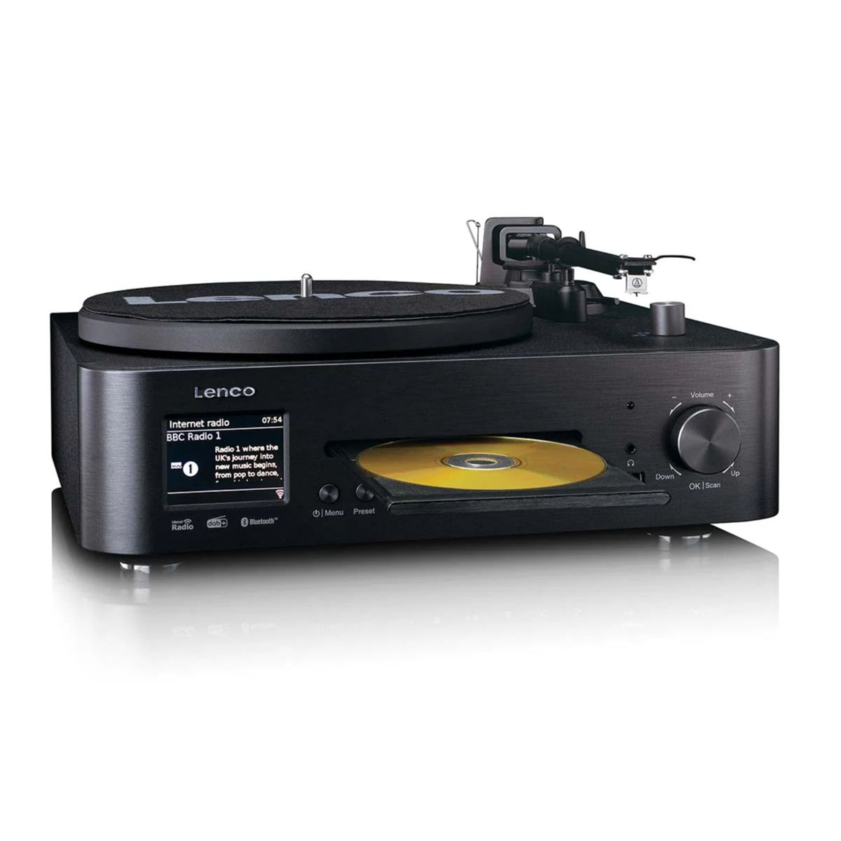 Schwarzer Plattenspieler mit CD-Schublade, Display und Bedienelementen.