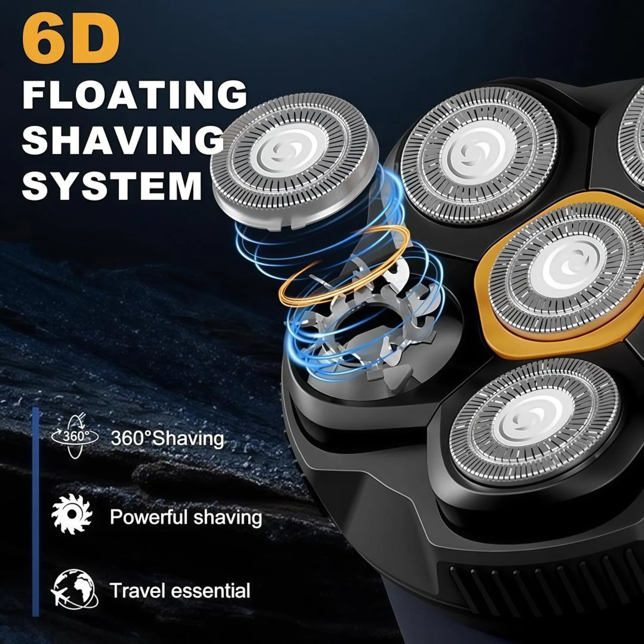 6D Floating Shaving System mit rotierenden Klingen und blauen Ringen.