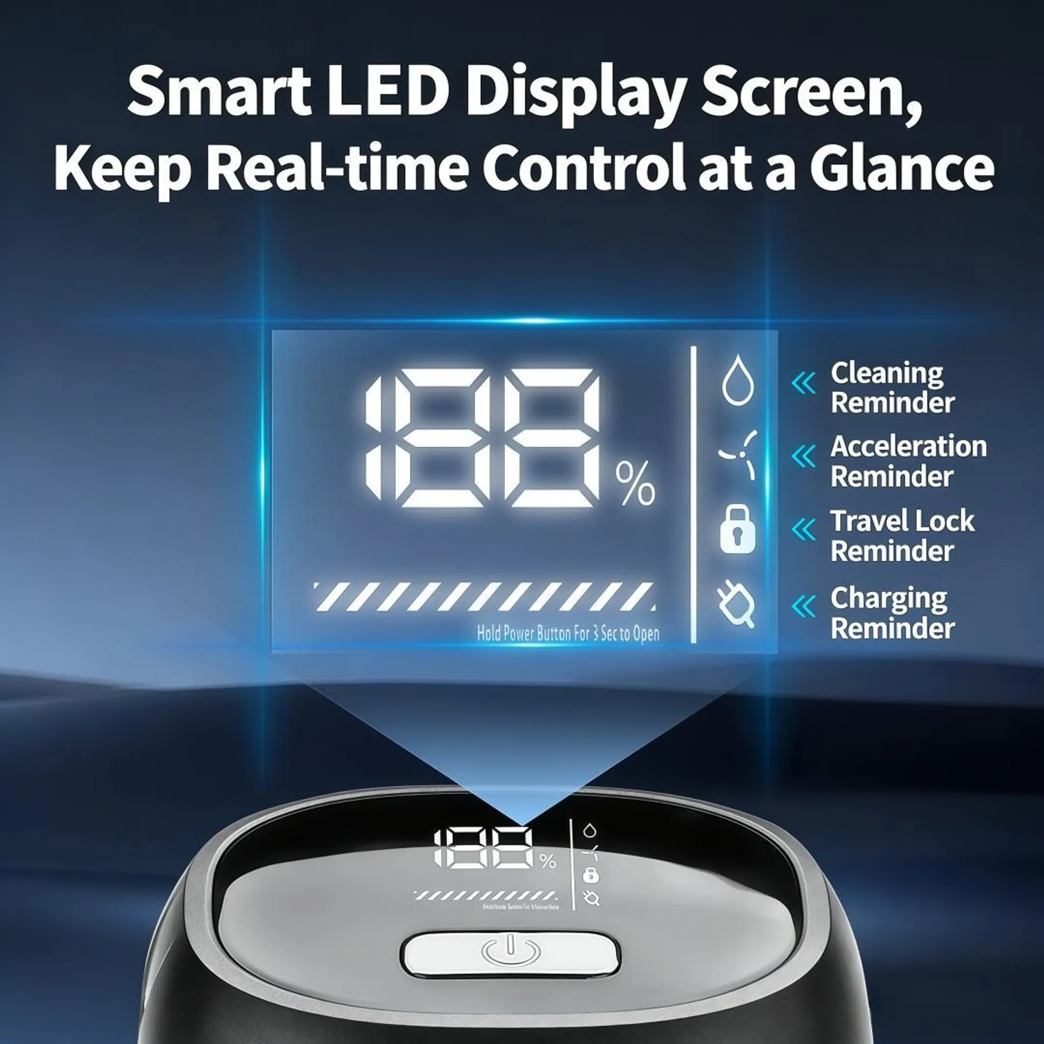 Smart-LED-Anzeige zeigt 188% mit Erinnerungen für Reinigung, Beschleunigung, Reisesperre, Aufladung.