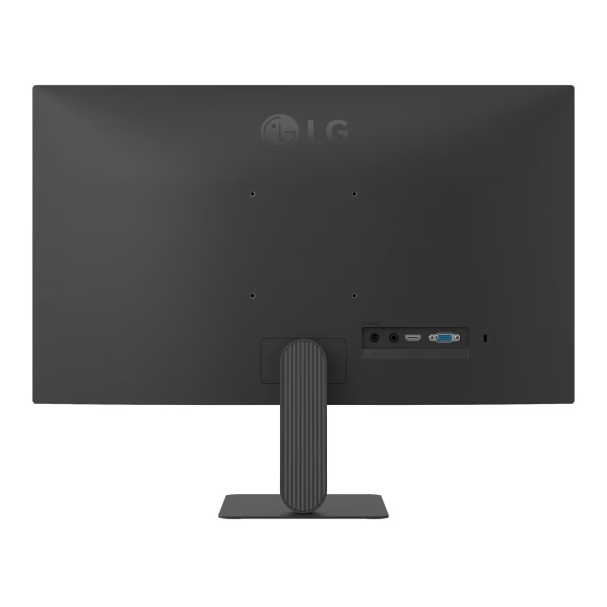 Back view of a black LG monitor showing ports like HDMI and VGA.