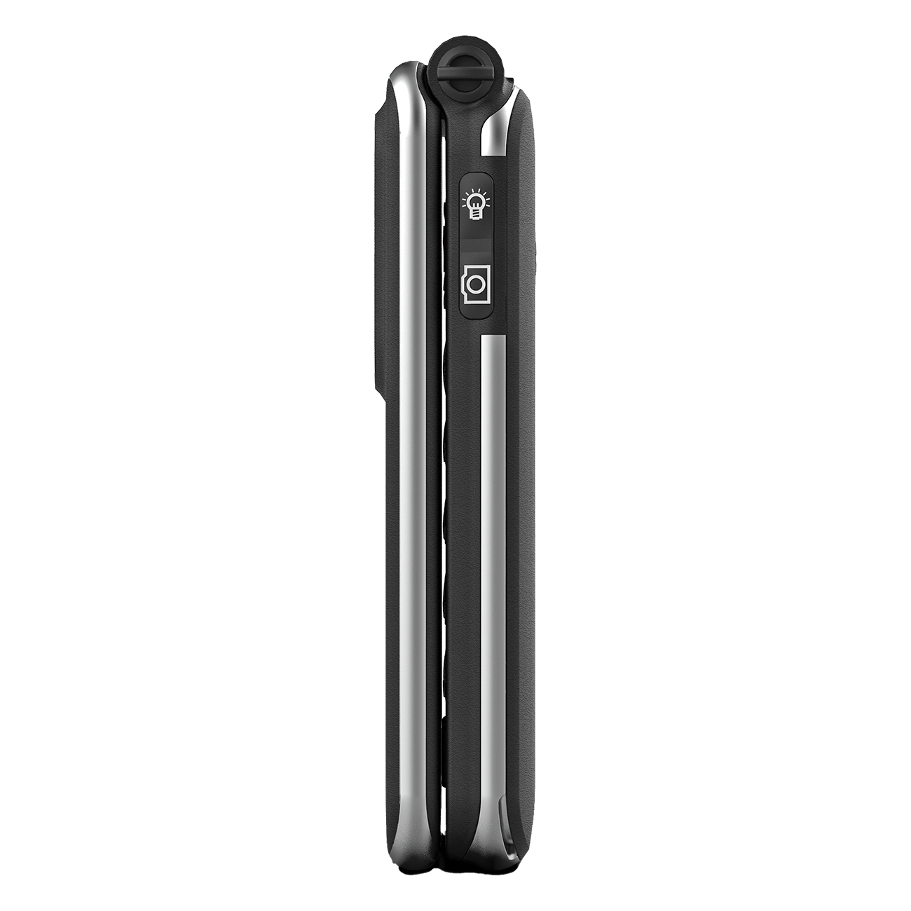 Telefono flip nero chiuso con accenti argento, icona fotocamera e luce.
